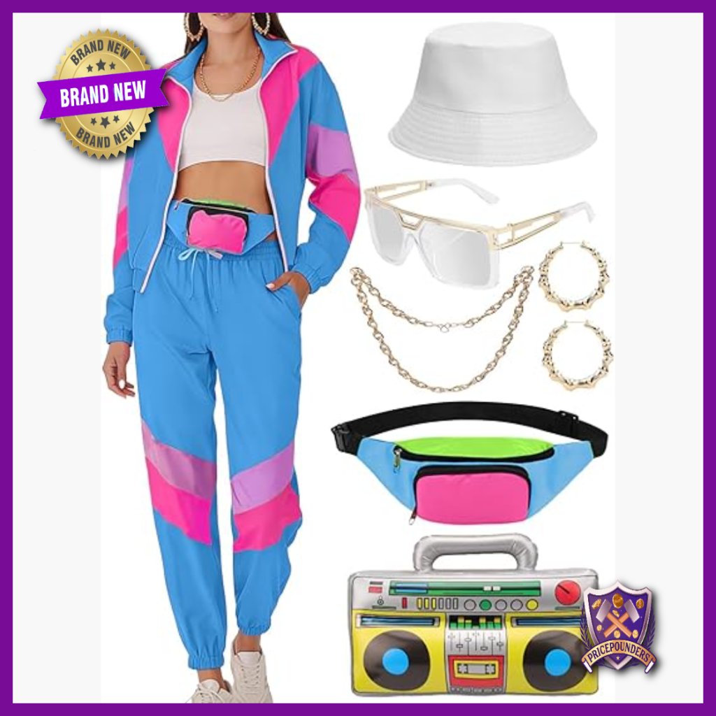 Retro 80s 90s Tracksuit Set With Accessories, Medium, Polyester Blend